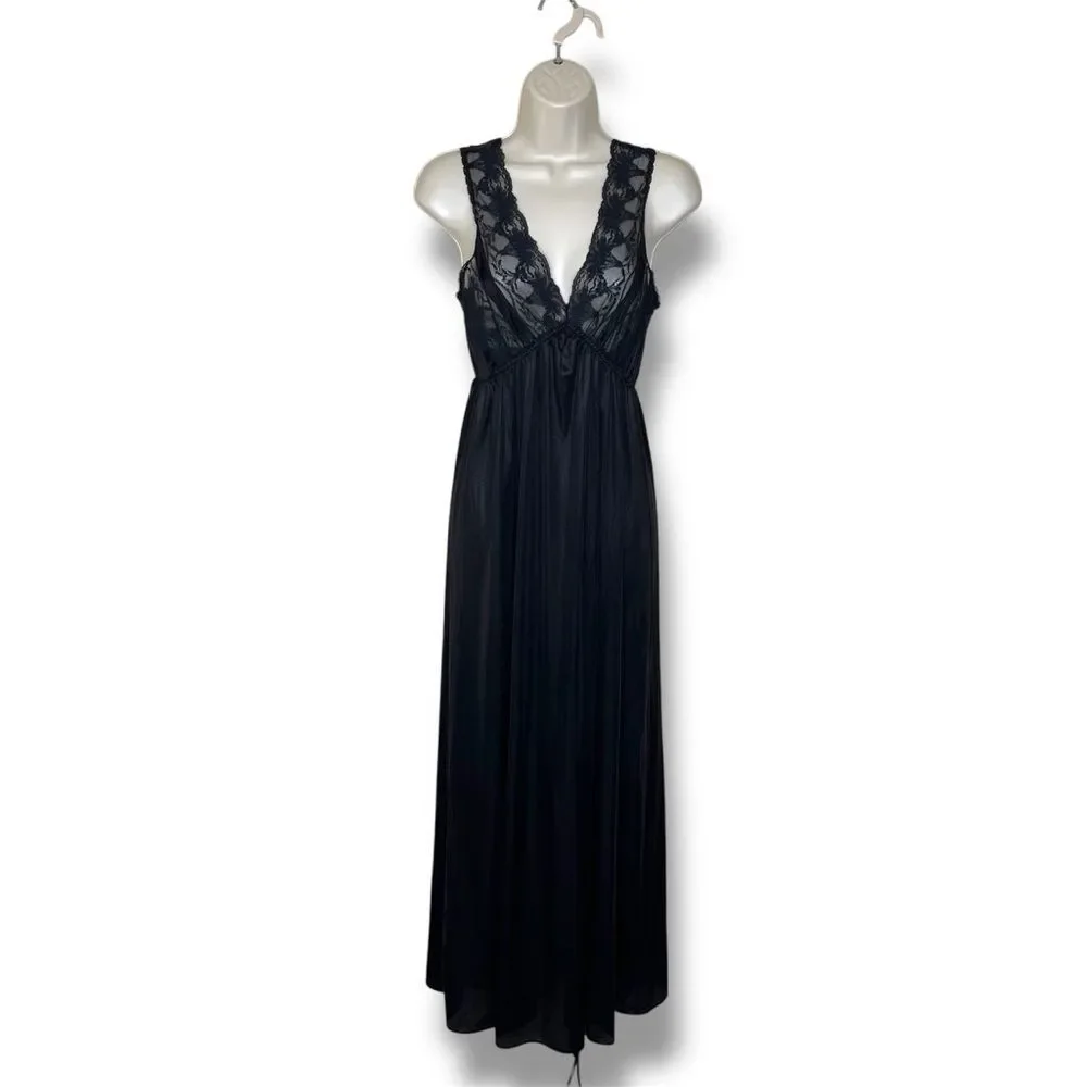 Vintage Texsheen Black Lace Nylon Long Nightgown Peignoir Chemise Women Small - Picture 2 of 14